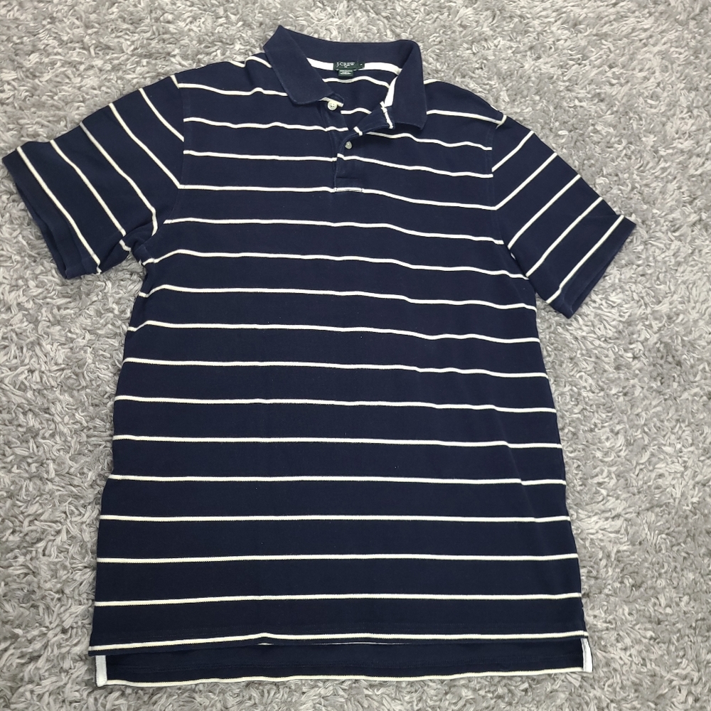 J.Crew Men's Navy Blue/White-Striped Polo Shirt Size Large
